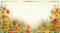 Watercolor nasturtium floral frame with orange and red blooms, green leaves, fern, and terracotta pot on soft cream background with copy space.