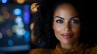 Young African American woman with natural curly hair and elegant makeup against blurred city lights bokeh background for beauty and lifestyle concepts.