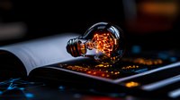 Glowing light bulb with illuminated filament resting on open book pages, creating magical atmosphere with warm orange light against dark background.