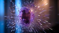 Explosive burst of purple and blue light with radiating particles creating dynamic motion effect against dark background. Cosmic energy visualization.