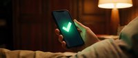 Person holding smartphone displaying green checkmark symbol on screen in warm indoor lighting environment.