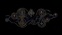Golden ornate crosses and religious symbols flowing in decorative swirls on black background for spiritual design projects and faith-based materials.