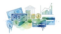 Financial growth concept with money, coins, credit cards, bank building and rising chart in watercolor style for business presentations and reports.