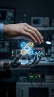 Human hand and robotic hand exchanging glowing neon gears in high-tech laboratory setting, symbolizing artificial intelligence collaboration and automation technology.