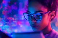 Young African American woman in glasses working at computer screen with neon pink and blue lighting, digital code reflections create cyberpunk atmosphere.