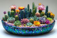 Vibrant succulent garden arrangement in mosaic glass bowl featuring flowering cacti, colorful succulents, and desert plants on rainbow pebble base, studio lighting.