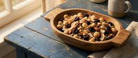 Mixed nuts and dried fruits in wooden bowl on rustic blue table near window. Healthy snacking, breakfast ingredients, organic food concept.