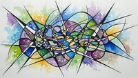 Abstract geometric composition with intersecting lines and vibrant watercolor splashes in blues, purples, greens and yellows on white background.