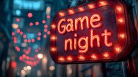 Glowing red neon sign reading game night against dark urban background with blurred bokeh lights creates nostalgic entertainment atmosphere.