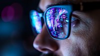 Futuristic reflection of digital code and data in eyeglasses with neon blue and purple lights creating cybersecurity and technology concept background.