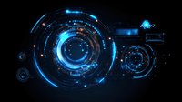 Futuristic circular interface elements glowing in neon blue against dark background, featuring digital data visualization and technological design elements.