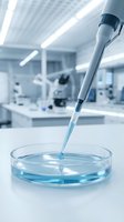 Laboratory pipette dispensing blue liquid into petri dish in modern research facility for scientific experiments and medical testing.