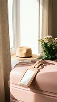 Pink suitcase with leather luggage tag and straw hat by window with flowers, ready for vacation travel and summer holiday getaway.