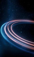 Glowing curved light trails in blue and pink neon colors against starry night sky background create futuristic abstract cosmic path through space.