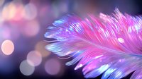 Delicate feather in pink and blue neon colors on dark background with bokeh lights creating dreamy atmospheric mood for romantic and fantasy designs.