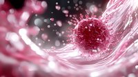 Microscopic virus cell in pink and white tones floating on abstract wave background with bokeh effect and light streaks, medical science visualization.