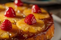 Golden pineapple upside-down cake with fresh raspberries and caramelized fruit topping on rustic wooden surface for bakery and dessert menu designs.