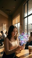Young Caucasian woman using smartphone in sunny cafe with glowing social media icons floating above screen, digital communication concept.