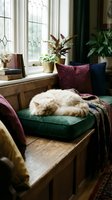 Fluffy cream Persian cat sleeping on a green velvet cushion by a leaded window in a cozy vintage living room with colorful pillows.