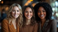 Diverse group of three young professional women smiling together, representing friendship, teamwork and inclusion in modern business environment.
