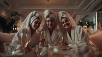 Three women in bathrobes and hair towels enjoying champagne at a luxury spa, celebrating a relaxing wellness retreat together.