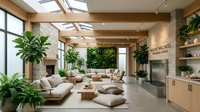 Modern eco-friendly living room with natural wood beams, green plants, neutral furniture and skylights creating sustainable interior design atmosphere.