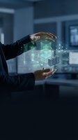 Businessman in dark suit holding glowing holographic building model with geometric structures and digital particles between hands in modern office environment for real estate and technology concepts.