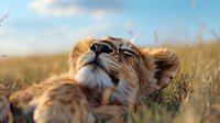 Young lion cub lying in grass during golden hour, close-up view of face with eyes closed showing peaceful expression against blurred savanna background.