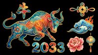 Colorful ox zodiac set with 2033 numerals, lantern, peony, cloud, and coin knot, isolated on transparent background, ready for stickers, sublimation, and print on demand.