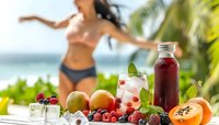 Young athletic woman in sportswear enjoying tropical beach lifestyle with fresh smoothie drinks, berries and exotic fruits on wooden table near ocean.