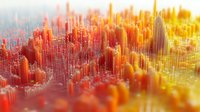 Abstract cityscape with glowing orange and red skyscrapers creating futuristic metropolis silhouettes against bright sunset background, modern urban landscape concept.