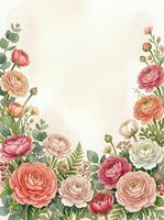 Watercolor ranunculus flowers frame border with pink coral peach blooms and green leaves on cream background for wedding invitations and greeting cards.