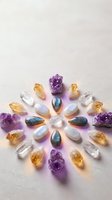 Colorful healing crystals arranged in circular mandala pattern with amethyst citrine moonstone and labradorite gemstones for spiritual wellness meditation practices.