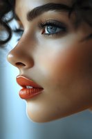 Close-up portrait of young woman with striking blue eyes, coral lipstick and flawless makeup in soft natural lighting for beauty and cosmetics campaigns.