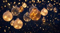 Golden glowing spheres floating in dark space with sparkling lights and bokeh effects creating magical festive atmosphere for holiday celebrations.