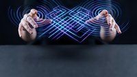 Two male hands reaching toward glowing digital network waves and geometric patterns on dark background, representing technology connection, data transfer, and virtual communication for business and innovation concepts.