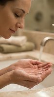 Woman with wet skin holding water in her palm at bathroom sink, showcasing skincare, hydration, and wellness routines for beauty and personal care product marketing.