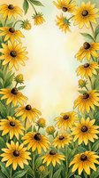 Watercolor black-eyed Susan floral frame with yellow blooms and green leaves surrounding a soft glowing center, perfect for cards and posters.