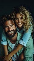 Joyful Caucasian couple sharing genuine laughter, with bearded man in foreground and blonde woman embracing from behind, against dark background with teal lighting.