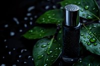 Luxury black cosmetic serum bottle with silver cap surrounded by fresh green leaves and water droplets for natural skincare and beauty products.