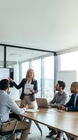 Mature woman with blonde hair, Caucasian ethnicity, wearing professional business attire, presenting financial data to three male colleagues in modern high-rise office meeting room with floor-to-ceiling windows overlooking cityscape.