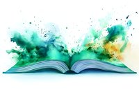 Open book with magical emerald green and golden watercolor splash effect emerging from pages, creating ethereal smoke-like patterns against white background.