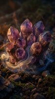 Mystical purple amethyst crystal cluster with magical smoke swirls emerging from mossy forest ground in dramatic lighting for spiritual and fantasy concepts.