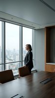 Professional businesswoman in dark suit standing by floor-to-ceiling windows in modern conference room overlooking city skyline during daytime meeting.