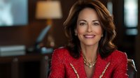 Middle-aged Caucasian businesswoman with confident smile wearing red blazer and gold necklace in corporate office setting, representing leadership and success.