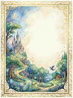Watercolor fairy tale landscape with medieval castle, enchanted forest, crescent moon and ornate golden border frame for storytelling and fantasy designs.