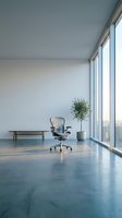 Modern minimalist office interior with ergonomic chair, wooden bench and potted plant near floor-to-ceiling windows with natural light and concrete floors.