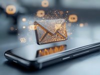 Glowing envelope icon floating above smartphone with magical sparkles and bokeh lights, concept of digital communication and mobile messaging technology.
