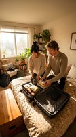 Young couple packing suitcases in cozy bedroom for travel, vacation planning and preparation concept for lifestyle and adventure themes.