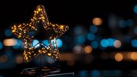 Glowing decorative star with warm LED lights against dark background with blue bokeh lights creating magical holiday atmosphere. For festive designs.
